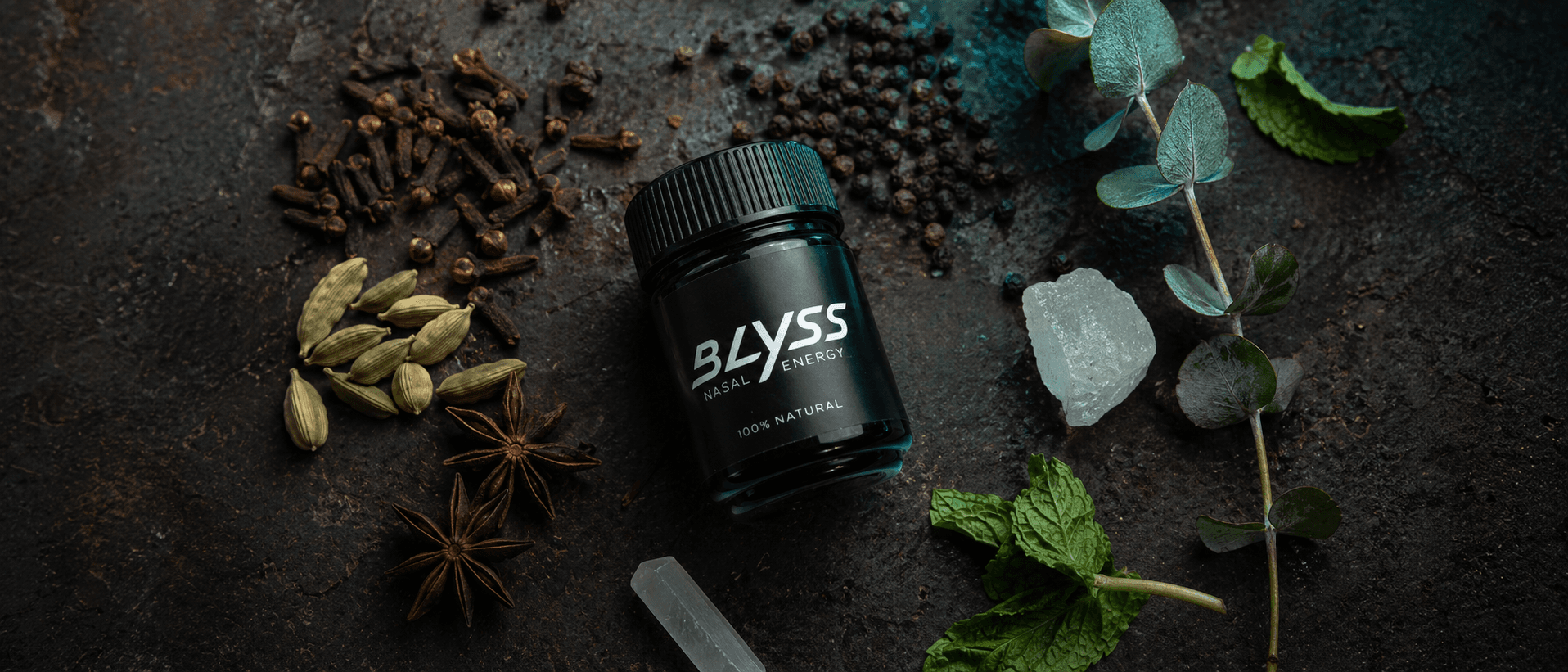 The eight herbs of BLYSS, raw clove, black pepper, star anise, cardamom, menthol, eucalyptus, borneol, camphor